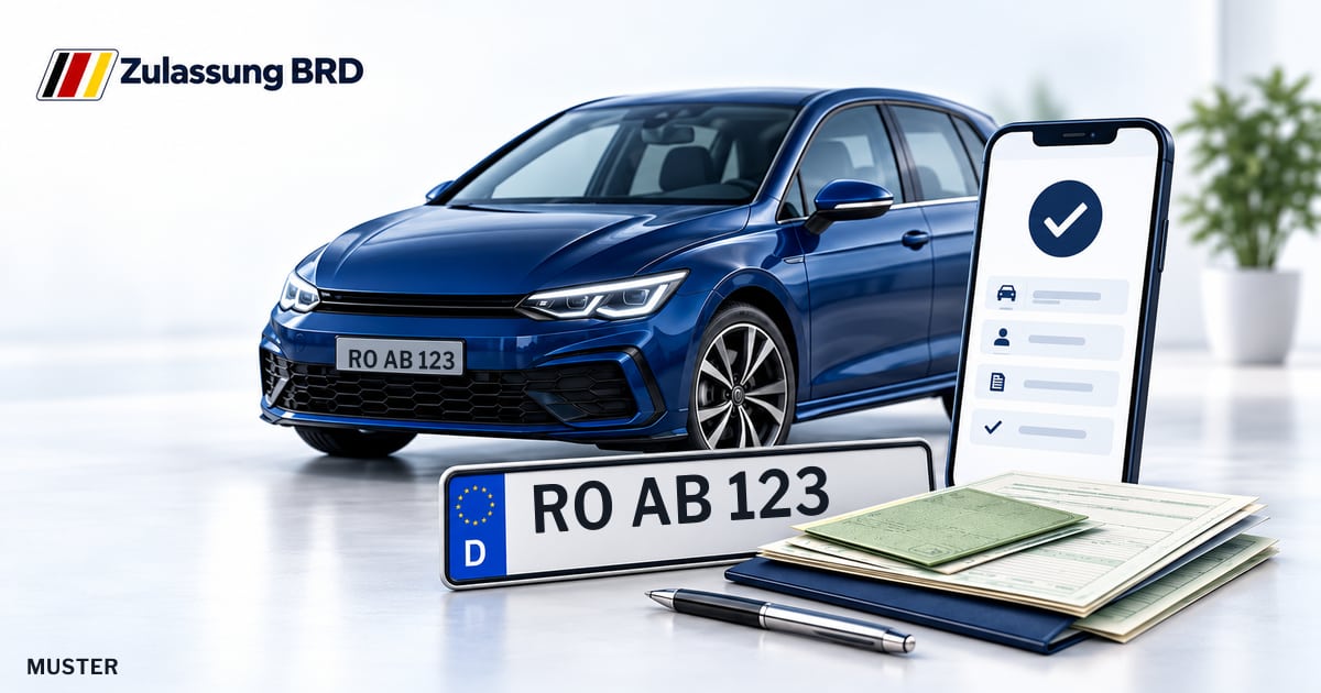 Online Fahrzeugzulassung in Kolbermoor: Musterkennzeichen RO AB 123, Auto und Fahrzeugpapiere und Smartphone. Illustration mit Logo von Zulassung BRD.